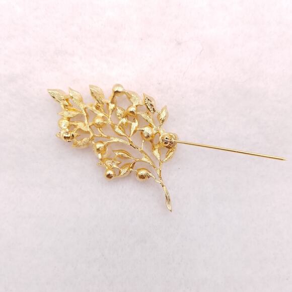Vintage Napier Brooch Textured Gold Tone Tree Branch Faux Pearl Blossoms Leaves - Picture 3 of 5